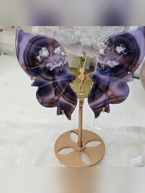 NEW Blue Flower Agate Butterfly w/Gold Metal Stand